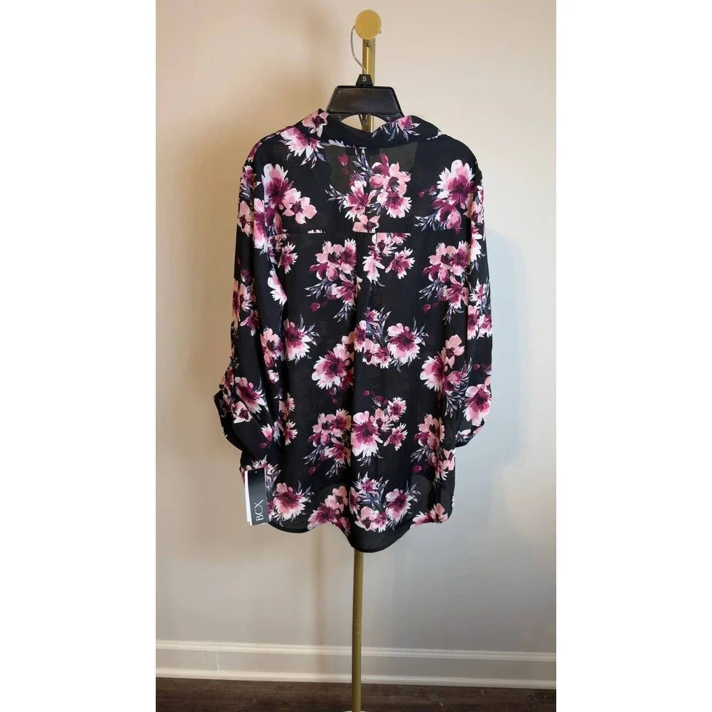 BCX Portofino Woven Top Black Floral Roll‑Tab Sleeves L NWT $79 - Picture 5 of 7